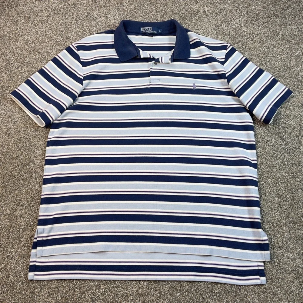 Polo Ralph Lauren Striped Polo Shirt Mens‎ Large Blue White Purple Pony Cotton
